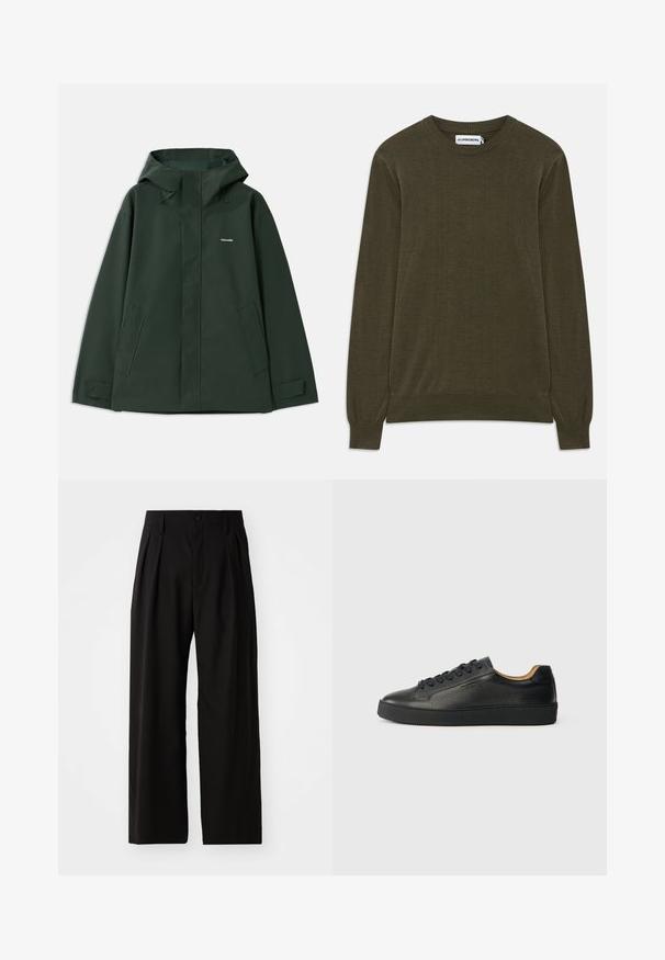 Chaqueta impermeable verde con capucha, que cuenta con un cierre frontal, dos bolsillos laterales y un pequeño logo en el pecho. Textura suave.; Suéter de manga larga en verde oscuro, con puños y dobladillo acanalados. Fabricado en material suave, presenta un cuello de barco clásico y un diseño minimalista.; Pantalones de pierna ancha negros con una textura suave, que cuentan con dos pliegues frontales, cierre de botón y bolsillos laterales. Tejido duradero.; Zapatilla negra de cuero de caña baja con superficie texturizada, cordones negros y suela de goma gruesa, mostrada de lado sobre un fondo claro.