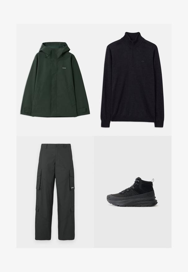 Chaqueta impermeable verde con capucha, que cuenta con un cierre frontal, dos bolsillos laterales y un pequeño logo en el pecho. Textura suave.; Suéter negro de manga larga con cuello alto acanalado y media cremallera, con un logo sutil en el lado izquierdo del pecho.; Pantalones cargo rectos negros con bolsillos laterales con solapa, cierre de botón, trabillas para cinturón y pequeño logo blanco en la solapa del bolsillo derecho.; Zapatilla alta negra hecha de tejido texturizado con suela de goma, que presenta cierre de cordones, cuello acolchado y tira en el talón.