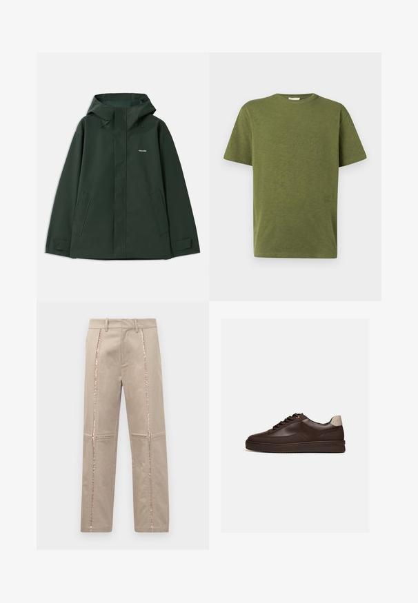 Grøn vandtæt jakke med hætte, som har en frontlynlås, to sidelommer og et lille logo på brystet. Glat tekstur.; Kaki grøn bomulds-T-shirt med afslappet pasform, rund halsudskæring og korte ærmer. Har en diskret tekstdetalje på venstre side foran.; Beige bukser med lige skæring, der har rosaguld glitrende sidelister og subtile stikninger på benene.; Lavprofileret mørkebrun læder sneaker med rillede sål og lyse beige hælkappe, set fra siden på hvid baggrund.