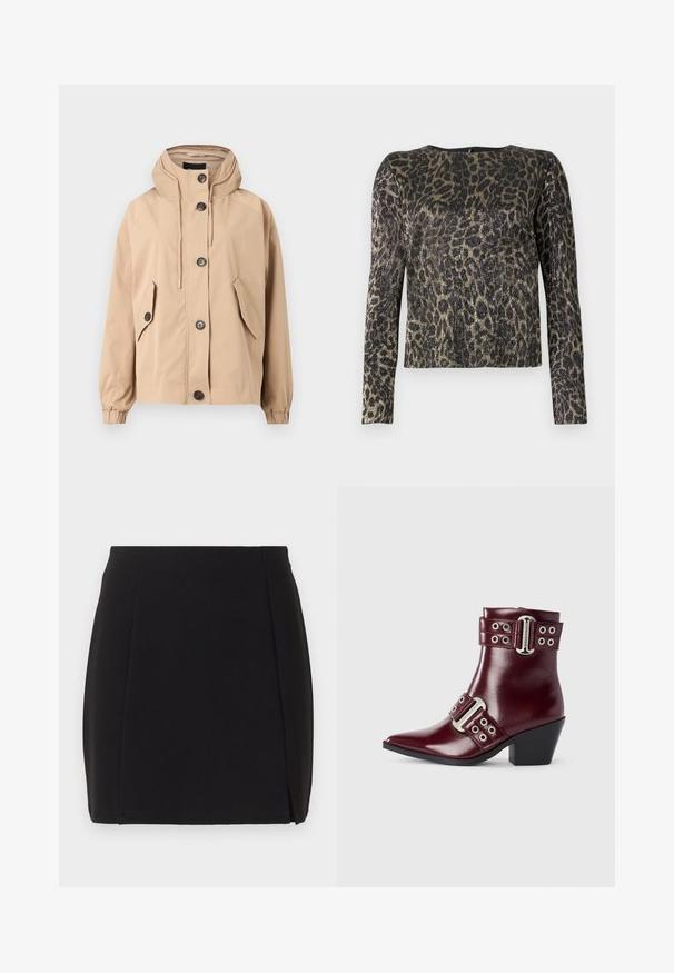 Veste beige à capuche avec une coupe décontractée. Dispose de quatre poches avant, de fermetures à boutons et de poignets élastiques. Tissu lisse avec une finition mate.; T-shirt ajusté à manches longues avec un motif léopard métallisé doré et noir et un col rond sur un fond uni.; Jupe crayon noire longueur genou avec une fente avant subtile et une ceinture nette, présentée sur un fond clair uni.; Bottine en cuir bordeaux avec une pointe arrondie, des sangles à double boucle, des accents en argent et un petit talon carré. Fini lisse et brillant.
