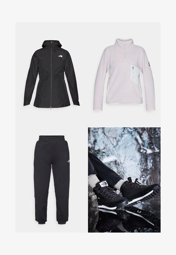 Veste noire imperméable avec fermeture éclair à l'avant, capuche ajustable et taille cintrée. Comprend un petit logo blanc sur la poitrine.; Pull en polaire violet clair avec un col haut, trois boutons à l'avant et une poche poitrine zippée blanche. Présente des finitions blanches contrastantes.; The North Face W MOUNTAIN ATHLETICS - Pantalon de survêtement - black; Bottes de randonnée noires avec une tige en suède et en textile, dotées d'une semelle intermédiaire blanche, d'une semelle extérieure en caoutchouc texturé et de lacets noirs et blancs.