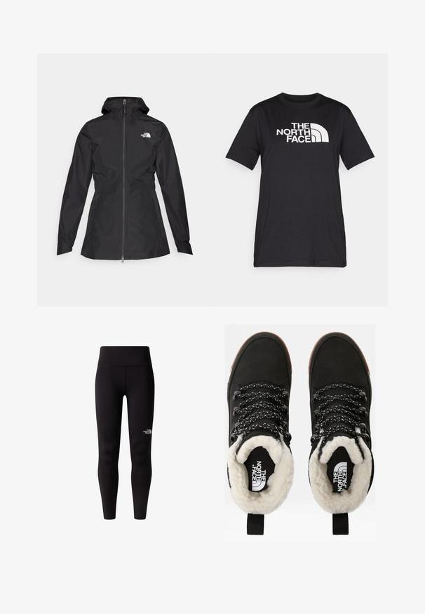 Veste noire imperméable avec fermeture éclair à l'avant, capuche ajustable et taille cintrée. Comprend un petit logo blanc sur la poitrine.; T-shirt en coton noir avec un grand logo blanc "THE NORTH FACE" sur la poitrine et un col rond. Manches courtes, coupe décontractée.; Leggings noirs avec une taille haute, fabriqués à partir d'un tissu lisse et extensible. Un petit logo blanc est positionné sur la jambe.; Bottes noires en cuir synthétique imperméables à la cheville, avec une doublure en fausse fourrure, un tissu texturé, des lacets à motifs noirs et blancs, et une languette au niveau du talon.