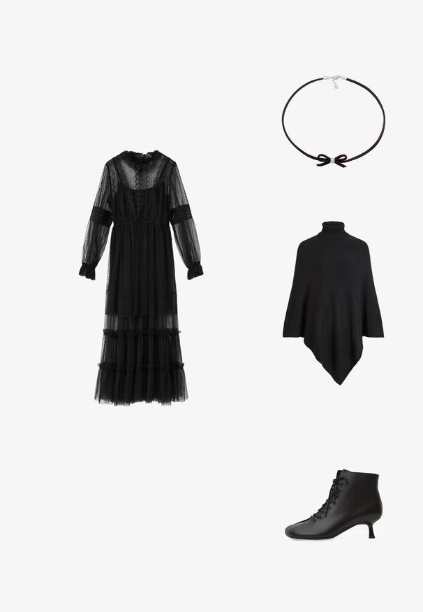 Sort strikket poncho med høj turtleneck, formet i et trekantet design med en blød, tekstureret finish.; Sort gennemsigtig langærmet midikjole med polkaprikker, blondedetaljer, flæsekantede ærmekanter, høj halsudskæring og lagdelt skørt.; Sort læder ankelstøvle med front snørebånd og lav kitten-hæl på hvid baggrund.; Sort suedebånd med en lille central sølvperle og en sløjfedetalje, der har en simpel lås med en justerbar kæde.