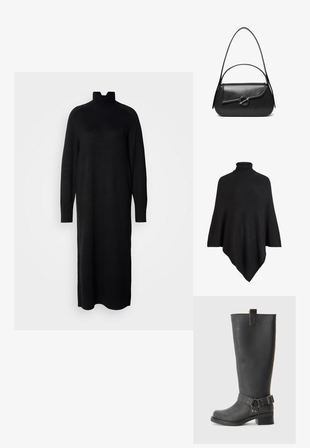 Poncho de punto negro con un alto cuello de tortuga, con un diseño triangular y un acabado suave y texturizado.; Vestido de punto negro con un cuello alto, mangas largas y puños acanalados. Presenta una silueta recta y aberturas laterales en el dobladillo.; Bota de cuero negro hasta la rodilla con un acabado texturizado, que presenta un acento de hebilla lateral y un tacón bajo. Costura detallada a lo largo de las costuras.; Bolso de hombro de cuero negro con una solapa curva asegurada por un broche metálico redondo y una correa delgada y ajustable.