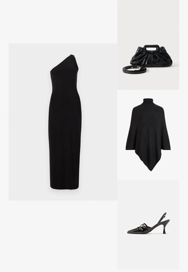 Poncho de punto negro con un alto cuello de tortuga, con un diseño triangular y un acabado suave y texturizado.; Vestido maxi negro sin mangas con silueta ajustada y escote asimétrico de un solo hombro.; ALOHAS JOELLE ONIX - Tacones - black; Bolso pequeño de cuero negro con textura fruncida, asa rectangular y correa de hombro delgada y desmontable colocada al lado.