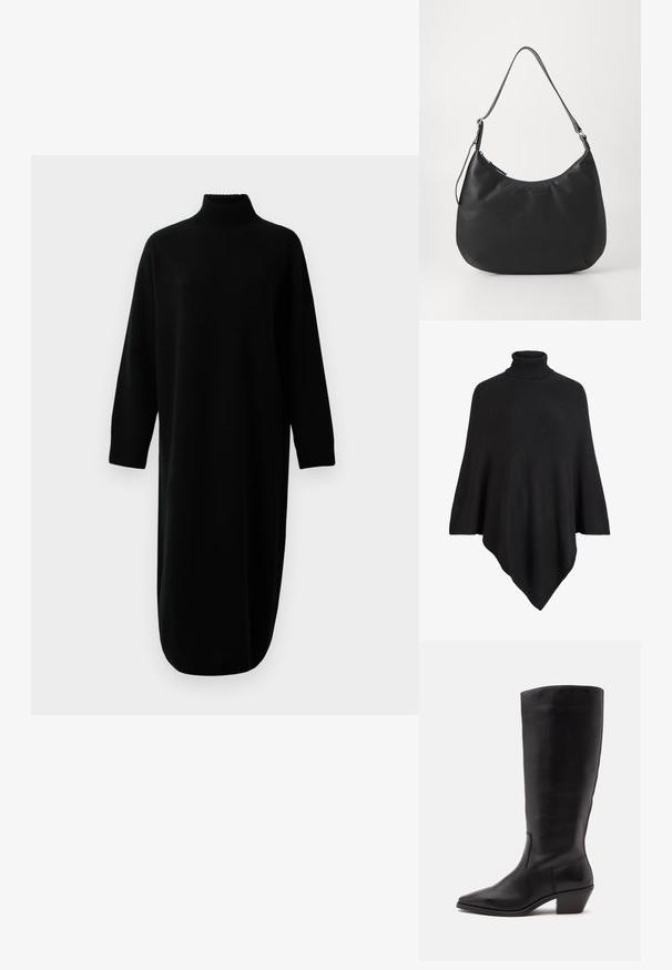 Sort strikket poncho med høj turtleneck, formet i et trekantet design med en blød, tekstureret finish.; Sort langærmet turtleneck strikket midikjole med ribbede manchetter og kant, præsenteret mod en ensfarvet hvid baggrund.; Sort læderstøvle til midtkalv med spids tå og lavt skråt hæl på en enkel lys baggrund.; Sort hobo-taske lavet af glat, holdbart materiale. Har en enkelt justerbar rem og et subtilt præglogo på forsiden.