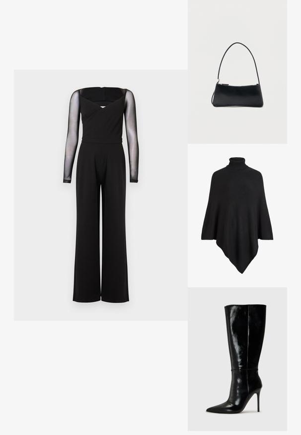 Poncho de punto negro con un alto cuello de tortuga, con un diseño triangular y un acabado suave y texturizado.; Mono negro de manga larga con mangas de malla translúcida, escote cuadrado, cintura ajustada y pantalones de pierna ancha sobre un fondo liso.; Botas de cuero negro hasta la rodilla con punta afilada y tacón alto de aguja. Textura suave y diseño elegante, con detalles mínimos.; Bolso rectangular negro con una correa fina y cierre de cremallera, sobre un fondo blanco liso.