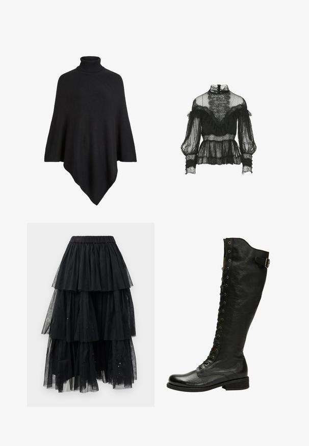 Poncho de punto negro con un alto cuello de tortuga, con un diseño triangular y un acabado suave y texturizado.; Luisa Spagnoli Lauco- Blouse - Fashion Show - Blusa - nero; Falda de tul negro en capas con cinturilla elástica y un diseño en cascada con longitudes variables y sutiles toques de purpurina.; Bota de cuero negro hasta la rodilla con cordones en el frente, ojales de plata y hebilla lateral. Presenta un acabado texturizado y tacón apilado.