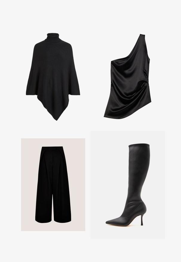 Poncho de punto negro con un alto cuello de tortuga, con un diseño triangular y un acabado suave y texturizado.; Top de satén negro con un escote asimétrico, detalle de tela drapeada y textura suave. Presenta un solo hombro y una silueta fluida.; Pantalones negros de pierna ancha y talle alto con pliegues y cierre frontal oculto sobre un fondo liso y claro.; Bota negra de cuero hasta la rodilla con punta afilada y tacón alto de aguja delgado sobre fondo blanco.