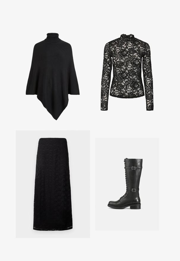 Poncho de punto negro con un alto cuello de tortuga, con un diseño triangular y un acabado suave y texturizado.; Top de encaje negro de manga larga con cuello alto y ribete con volantes, patrones florales y una textura transparente. Diseñado para un ajuste ceñido.; Falda midi de encaje negro con patrón floral, corte recto y textura sutil, exhibida sobre un fondo blanco liso.; Botas altas de cuero negro con cordones en la parte delantera, hebillas en los laterales, textura suave, punta redondeada y un tacón bajo resistente.