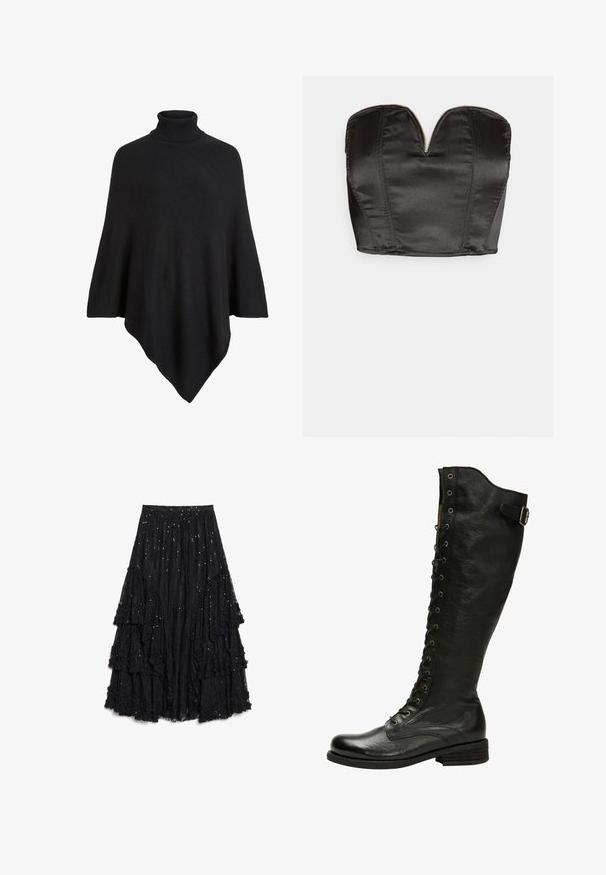 Must mustriltud ponžo musta värvi, millel on kõrge salli kaelus, kujundatud kolmnurkse disainiga ja pehme, tekstuuriga viimistlusega.; Vero Moda VMSALLY CROPPED SIMILI CORSAGE - Topp - black; Mustast tekstuuriga pitsist kihiline seelik, millel on kihid õlitatud servadega ja laiali laotatud litrid lisadetailinguks.; Mustmust musta põlvekõrgune saabas, millel on nööpide ja hõbedaste silmadega esitõmbeosa ning külgmine pann. Omab tekstureeritud viimistlust ja kuhjaraamatut kontsa.