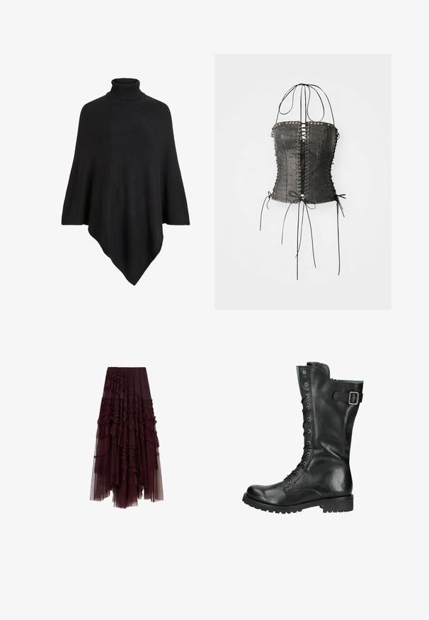 Schwarzer gestrickter Poncho mit hohem Rollkragen, in einem dreieckigen Design mit einer weichen, strukturierten Oberfläche.; Jaded London LONGLINE LACE UP HALTER CORSET - Top - black; Burgunderfarbene Tüll-Rock mit gerafften Schichten, elastischem Taillenbund und unterschiedlichen Längen, mit einer weichen, leichten Textur.; Schwarzlederne, knielange Stiefel mit schnürbarem Vorderteil, grünem Futter, Schnallen-Detail und strukturiertem Gummisohle für Grip. Rundes Logo an der Seite.