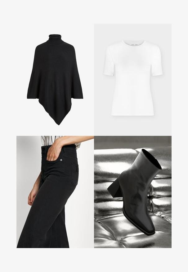 Poncho noir en tricot avec un col haut, conçu en forme triangulaire avec une finition douce et texturée.; T-shirt blanc à manches courtes avec col rond, coupe slim et texture de tissu côtelé, présenté sur un fond uni gris clair.; Jean large en denim noir avec une taille haute, une poche avant et une poche arrière appliquée. Texture lisse avec des détails de coutures minimales.; Botte noire à la cheville en matériau brillant avec un bout carré et un talon effilé, sur un fond argenté brillant et capitonné.