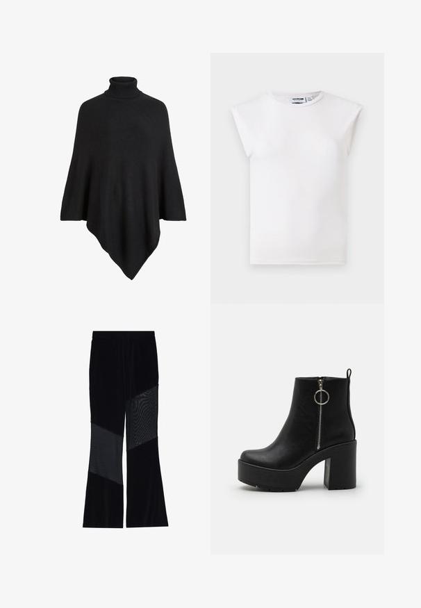 Sort strikket poncho med høj turtleneck, formet i et trekantet design med en blød, tekstureret finish.; Hvid ærmeløs top med rund hals og polstrede skulderdetaljer, lavet af ensfarvet stof, vist på en neutral baggrund.; Sorte bukser lavet af velour og mesh, med skrå paneler af solidt stof og gennemsigtigt mesh, design med udvidede ben og elastisk talje.; Sorte ankelstøvler lavet af kunstlæder, med en sidelukning, chunky hæl, platform sål og en løkke til at trække i bagpå.
