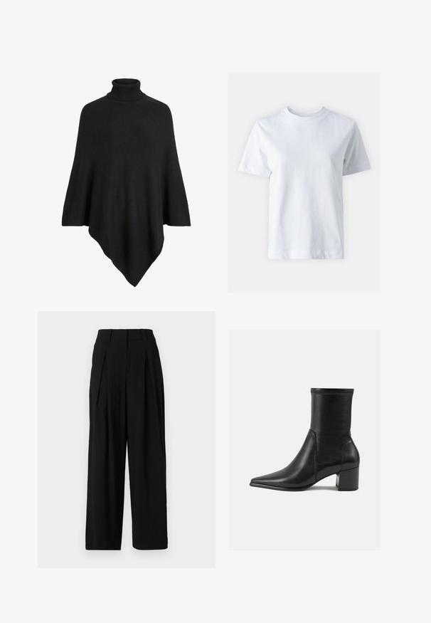 Sort strikket poncho med høj turtleneck, formet i et trekantet design med en blød, tekstureret finish.; Hvid bomulds t-shirt med rund halsudskæring, korte ærmer, lige snit og glat tekstur. Ingen mønstre eller dekorationer.; Sorte vide benbukser lavet af glat stof, med en høj talje, folder foran og en flydende silhuet.; Sorte ankelstøvler lavet af glat læder, med spids tå, en blokhæl og markant hævet syning ved den øverste kant.