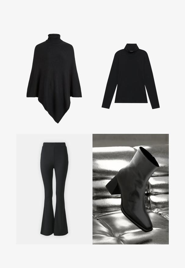 Zwarte gebreide poncho met hoge col, gevormd in een driehoekig ontwerp met een zachte, textuur aan de afwerking.; Zwarte langetermijn turtleneck. Zachte stof, getailleerd design, hoge kraag en zijnaad. Eenvoudige en veelzijdige stijl die geschikt is voor het laagjes dragen.; Zwarte flared broeken van rekbare stof. Heeft een hoge tailleband en een gladde, aansluitende pasvorm die vanaf de knie uitloopt.; Zwarte enkellaarsjes van glanzend materiaal met een vierkante neus en taps toelopende hak, afgezet tegen een glanzende zilveren gecapitonneerde achtergrond.