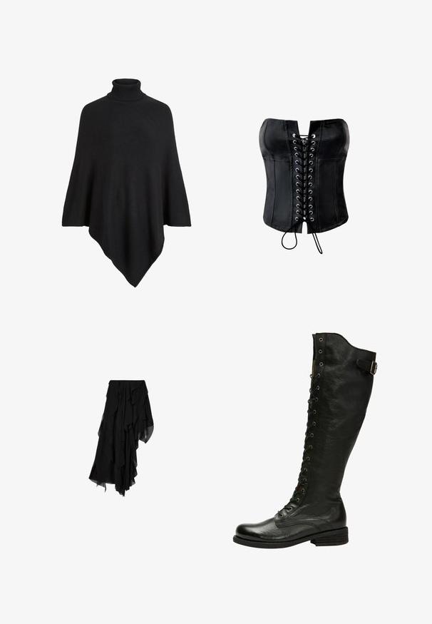 Sort strikket poncho med høj turtleneck, formet i et trekantet design med en blød, tekstureret finish.; Sort satin-corset med en struktureret form, snørelukning foran med sølvøjer og en glat finish. Har en lige, stropløs halsudskæring.; Sort asymmetrisk nederdel med lagdelt, flydende chiffonstof, der skaber en flæset, ujævn kant.; Sorte læder knæhøje støvler med snørebånd foran, sølvøjer og sidebælte. Har en tekstureret overflade og stablet hæl.