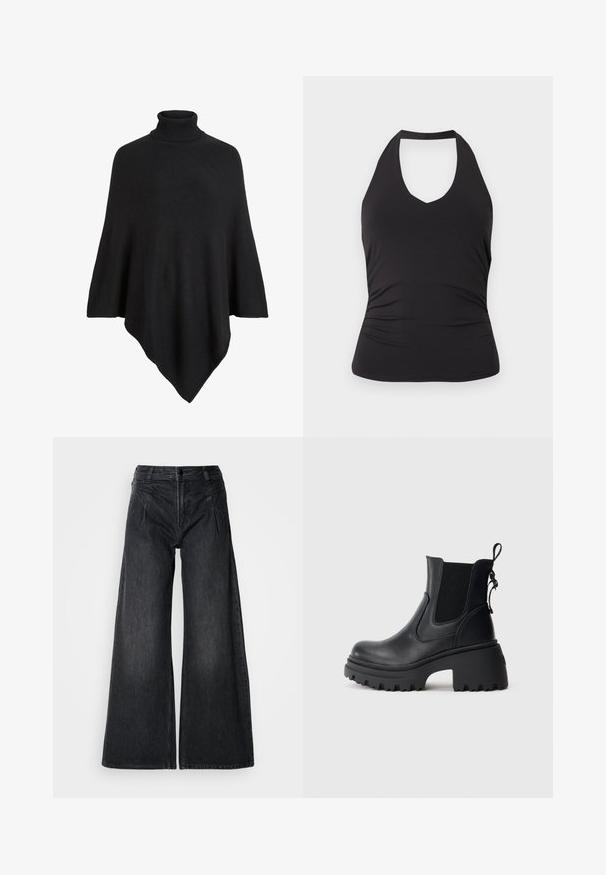 Sort strikket poncho med høj turtleneck, formet i et trekantet design med en blød, tekstureret finish.; Sort ærmeløs halterneck-top med tilpasset talje og let rynkning i siderne, vist på en ensfarvet lys baggrund.; Sorte vidde jeans lavet af denim, med en høj talje, to forlommer og synlige sømme samt en subtil tekstureret finish.; Sort ankelstøvle i læder med chunky plateau-sål, elastiske sidepaneler, trækkesløjfe og snøredetalje ved hælen på hvid baggrund.