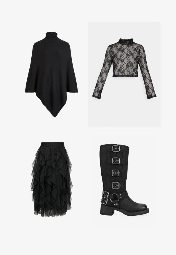 Poncho de punto negro con un alto cuello de tortuga, con un diseño triangular y un acabado suave y texturizado.; ONLY ONLHELENA HIGH NECK LACE - Camiseta de manga larga - black; Falda midi negra de tul en capas con un diseño con volantes. Presenta una cinturilla elástica. El tejido transparente añade textura y movimiento.; Bota negra hasta la mitad de la pantorrilla con cuatro hebillas plateadas en la caña, dos hebillas cerca del tobillo y un tacón bajo y cuadrado.