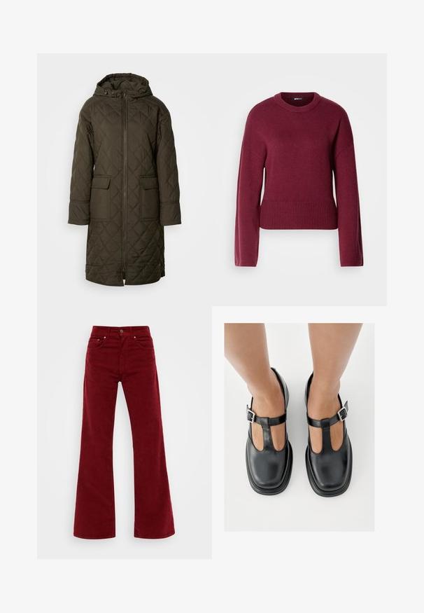 Anorak long matelassé en vert olive foncé, avec une capuche, deux poches avant et une fermeture éclair sur le devant. Tissu lisse et texturé.; Pull en tricot bordeaux avec un col rond, des manches longues et un ourlet côtelé. Le tissu semble doux et texturé.; Jean en velours côtelé bordeaux évasé avec taille haute, cinq poches et fermeture à bouton sur le devant. Texture douce avec jambes larges.; Chaussures en cuir noir avec un design à bride en T, bout fermé et accents de boucles argentées. Texture lisse avec un bout arrondi et une semelle plate.