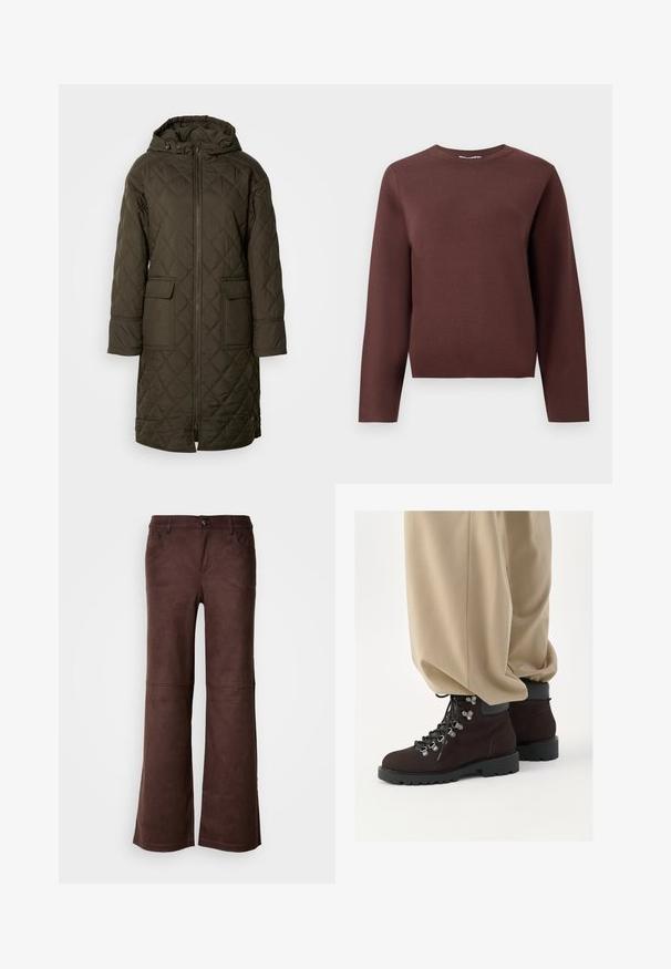 Anorak long matelassé en vert olive foncé, avec une capuche, deux poches avant et une fermeture éclair sur le devant. Tissu lisse et texturé.; Pull-over en tricot marron à manches longues avec col rond et col en côtes, présenté à plat sur un fond clair uniforme.; Pantalons évasés marron en tissu doux semblable à du daim. Comprend quatre poches, une fermeture à bouton et une surface lisse et texturée.; Bottes de randonnée en suede marron avec des semelles en caoutchouc noir, œillets en métal et lacets. Associées à un pantalon large beige, montrant la moitié inférieure de la tenue.