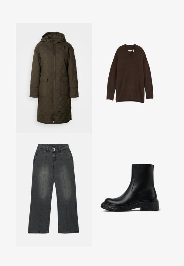 Vatteret, lang anorak i mørke olivengrøn, med hætte, to forlommer og en frontlynlås. Glat, struktureret stof.; V-hals, løs siddende sweater i mørkegrå. Lavet af blødt materiale med lange ærmer og sideslids for komfort og bevægelsesfrihed.; Bredde ben jeans i mørkegrå denim. Funktionerne inkluderer en knaplukning, to frontlommer og lodret syning for detaljen. Slidte områder er til stede.; Sort læder ankelstøvle med en rund tå, flad struktureret platformsål og minimale syninger. Glat overdel med et rent silhuet.