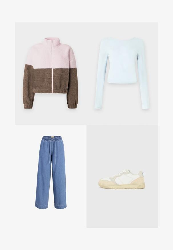 Veste en polaire bicolore avec moitié supérieure rose clair, moitié inférieure marron, manches longues, col montant et fermeture éclair avant.; Haut court à manches longues de couleur bleu clair, confectionné dans un tissu doux, avec un col rond et une coupe ajustée. Texture lisse sans motifs visibles.; Pantalon en jean bleu clair à jambes larges avec ceinture élastique et fermeture à cordon à l'avant.; Baskets blanches et beiges avec dessus en suède et textile, présentant des coutures contrastées, une semelle en caoutchouc et un accent bleu clair sur le talon.