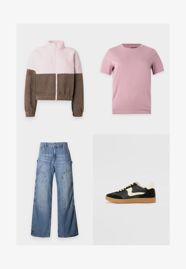 Veste en polaire bicolore avec moitié supérieure rose clair, moitié inférieure marron, manches longues, col montant et fermeture éclair avant.; T-shirt uni en coton rose pâle à manches courtes avec col rond, présenté sur un fond plat gris clair.; Good American GOOD EASE RELAXED - Jean boyfriend - indigo; Baskets en daim et cuir noir avec un swoosh latéral crème et un talon crème clair. Dotées de lacets beige et d'une semelle en caoutchouc gomme.