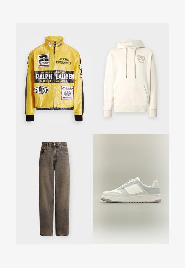 Gul, tekstureret racerjakke med flere trykte logoer og mærker, i kombination med sorte detaljer på ærmerne og manchetterne, fuld lynlås lukning.; Cremefarvet sweatshirt med en frontlommekoala, snørehætte og prægede logo på brystet. Lavet af bomuldsstof. Ribbekanter ved håndleddene.; Høj talje, lige-ben, falmet sorte denimjeans med forreste knaplukning, lynlås og fem-lomme design på en ensfarvet baggrund.; Lavtop hvid og lysegrå sneaker med perforeret tå, snørelukning og tekstureret gummisål på neutral baggrund.