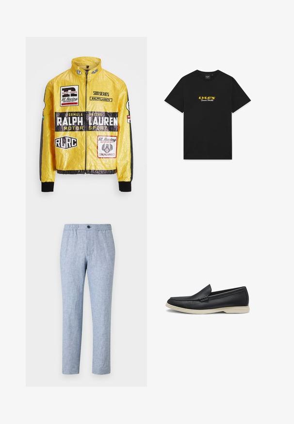 Gelbe, strukturierte Rennjacke mit mehreren aufgedruckten Logos und Aufnähern, schwarzen Akzenten an Ärmeln und Bündchen, mit durchgehendem Reißverschluss.; Schwarzes T-Shirt mit kurzen Ärmeln, auf der Brust mittig steht "LYLE'S" in fettem Gelb und darunter "Corner Market" in weißer Schreibschrift.; Helle blaue Leinenmischungshosen mit elastischem Bund und einem einzigen Knopfverschluss. Gerade Beinform, strukturierter Stoff, keine Muster.; Schwarzer Leder-Slipper mit rundem Zehenbereich und hellbeiger Gummisohle, seitlich auf weißem Hintergrund abgebildet.