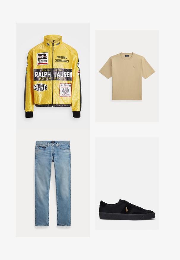 Gelbe, strukturierte Rennjacke mit mehreren aufgedruckten Logos und Aufnähern, schwarzen Akzenten an Ärmeln und Bündchen, mit durchgehendem Reißverschluss.; Beiges Baumwoll-T-Shirt mit Rundhalsausschnitt, kurzen Ärmeln und kleinem gesticktem Logo auf der linken Brust. Glatte Textur, lässiges Design.; Hellblaue Jeans mit geradem Bein, Vordertaschen und Knopfverschluss, flach auf weißem Hintergrund ausgebreitet.; Schwarze Sneakers mit einem Obermaterial aus Stoff und Wildleder, runder Zehenpartie, flacher Gummisohle und gesticktem Logo an der Seite. Schnürdesign mit sechs Ösen.