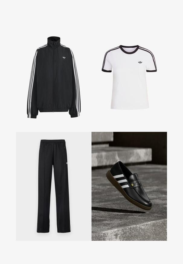 Μαύρο αθλητικό μπουφάν Adidas με λευκές τρεις ρίγες κατά μήκος των μανικιών, πλήρες φερμουάρ μπροστά, ελαστικά μανσέτες και μικρό λογότυπο trefoil στο στήθος.; Λευκό κοντομάνικο μπλουζάκι με μαύρες λεπτομέρειες, διαθέτει στρογγυλή λαιμόκοψη και τρεις μαύρες ρίγες σε κάθε ώμο. Μικρό μαύρο λογότυπο στο στήθος.; Μαύρο αθλητικό παντελόνι με ελαστική μέση, τσέπες με φερμουάρ στο πλάι, λευκές ρίγες στα κάτω μέρη των ποδιών και μικρό λευκό λογότυπο στο πλάι.; Μαύρο δερμάτινο μοκασίνι με άσπρες ρίγες και καφέ σόλα, τοποθετημένο πάνω από σκάλες από σκυρόδεμα που ρίχνουν σκιά στο έδαφος.