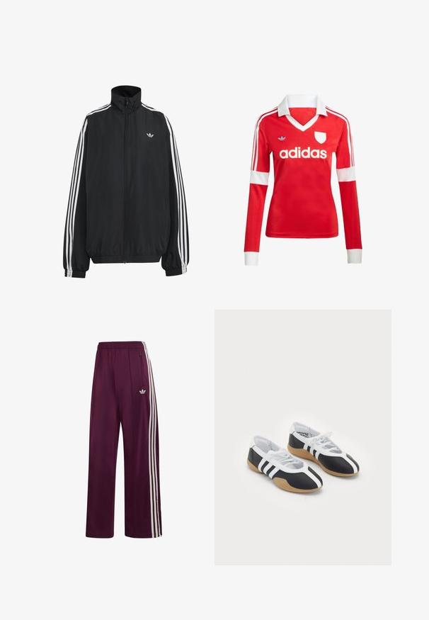 Μαύρο αθλητικό μπουφάν Adidas με λευκές τρεις ρίγες κατά μήκος των μανικιών, πλήρες φερμουάρ μπροστά, ελαστικά μανσέτες και μικρό λογότυπο trefoil στο στήθος.; Κόκκινη ποδοσφαιρική φανέλα με μακριά μανίκια, λευκό γιακά και μανσέτες. Διαθέτει τρεις λευκές ρίγες στους ώμους και το λογότυπο "adidas" εμφανώς τοποθετημένο.; Μπορντό παντελόνι φόρμας Adidas με ελαστική μέση, τρεις λευκές ρίγες στο πλάι, τσέπη με φερμουάρ και κεντημένο λογότυπο στο αριστερό μηρό.; Μαύρα και άσπρα αθλητικά παπούτσια με κομψό σχέδιο, ελαστική σόλα, κλείσιμο με κορδόνια και τρεις άσπρες ρίγες στα πλάγια.