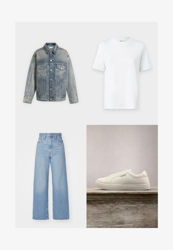 Φθαρμένο μπλε denim μπουφάν με κλείσιμο με κουμπιά, δύο πλαϊνές τσέπες στο στήθος με κουμπιά, πλαϊνές τσέπες και μακριά μανίκια.; Λευκό βαμβακερό μπλουζάκι με στρογγυλή λαιμόκοψη, διαθέτει κοντά μανίκια και ομαλή υφή. Σχεδιασμένο με μια χαλαρή εφαρμογή για άνεση και ευχρηστία.; Ανοιχτό μπλε ψηλόμεσα παντελόνια φαρδιές μπατζάκια με κλείσιμο μπροστά με κουμπί και φερμουάρ, μπροστά και πίσω τσέπες, σε λευκό φόντο.; Λευκό δερμάτινο αθλητικό παπούτσι με κορδόνια που αιωρείται πάνω σε μια ξύλινη παγκακι, με ψηλό πράσινο χορτάρι θολωμένο στο παρασκήνιο σε εξωτερικό χώρο.