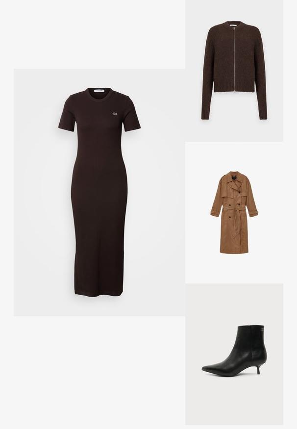 Brun, linned trench coat med dobbeltbrystet design, skulderepauleter og et matchende bælte, udstyret med to forlommer og optrullede manchetter.; Mørkebrun fuzzy strikjakke med lynlås, lange ærmer og ribbede manchetter og kant, vist på en ensfarvet lys baggrund.; Slim-fit, kortærmet, mørkebrun midi-kjole med rund hals og lille broderet logo på øverste venstre bryst.; Sort læder ankelstøvle med spids tå og lav kitten hæl på lys baggrund, der viser yderside.