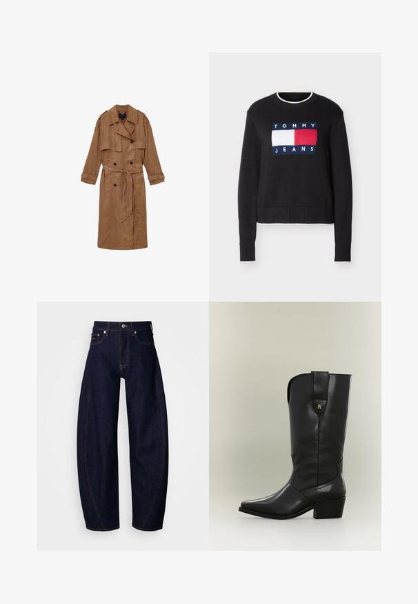 Brun, linned trench coat med dobbeltbrystet design, skulderepauleter og et matchende bælte, udstyret med to forlommer og optrullede manchetter.; Sort crewneck-trøje med hvidt og rødt Tommy Jeans-logo på fronten, ribstrikkede manchetter og kant samt hvid kant ved hals, manchetter og kant.; Mørkeblå denimjeans med løs pasform, højtaljet, med orange syninger, klassisk femlomme-design og knaplukning.; Høj sort læder cowboystøvle med spids tå, kraftig hæl og trækstrop med lille gyldent logo.
