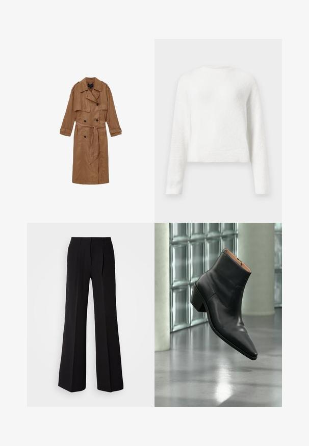 Brun, linned trench coat med dobbeltbrystet design, skulderepauleter og et matchende bælte, udstyret med to forlommer og optrullede manchetter.; Hvid langærmet fuzzy crewneck sweater med en let cropped pasform og tekstureret stof.; Sorte bukser lavet af glat stof, med høj talje, bred ben silhuet og to frontfolder for ekstra design detaljer.; Sort læderankelstøvle med spids tå og blokhæl, der svæver over en reflekterende grå gulv nær en væg af glasblokke.