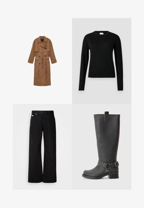 Brun, linned trench coat med dobbeltbrystet design, skulderepauleter og et matchende bælte, udstyret med to forlommer og optrullede manchetter.; Sort strikket sweater med rund halsudskæring, lange ærmer og en slank pasform, der har en glat struktur og minimal detaljer.; Sorte breddebenede jeans lavet af bomuld. Har forlommer, en knaplukning og en klassisk denimtekstur. Minimalistisk design uden mønstre.; Sorte læderknæhøje støvler med en tekstureret overflade, der har en sidebuckle-detalje og en lav hæl. Særligt detaljeret syninger langs sømmene.