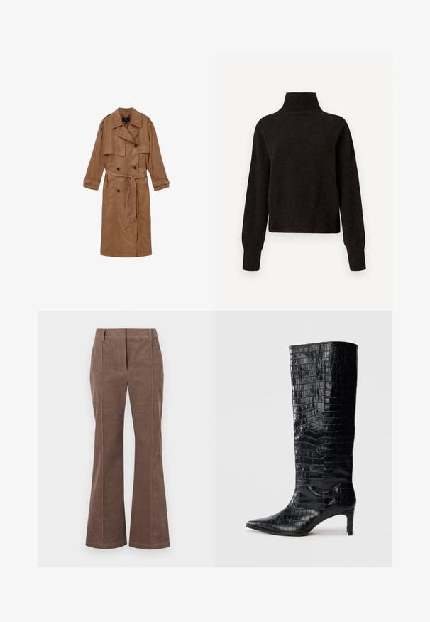Brun, linned trench coat med dobbeltbrystet design, skulderepauleter og et matchende bælte, udstyret med to forlommer og optrullede manchetter.; Sort højhalset sweater med lange ærmer og ribbede manchetter og kant, præsenteret på en hvid baggrund.; Brune corduroy lige bukser med frontfold og bæltestropper, præsenteret mod en hvid baggrund.; Sorte knæhøje støvler med en blank, krokodillemønstret tekstur, spids tå og en affaset hæl. Glat syntetisk materiale.