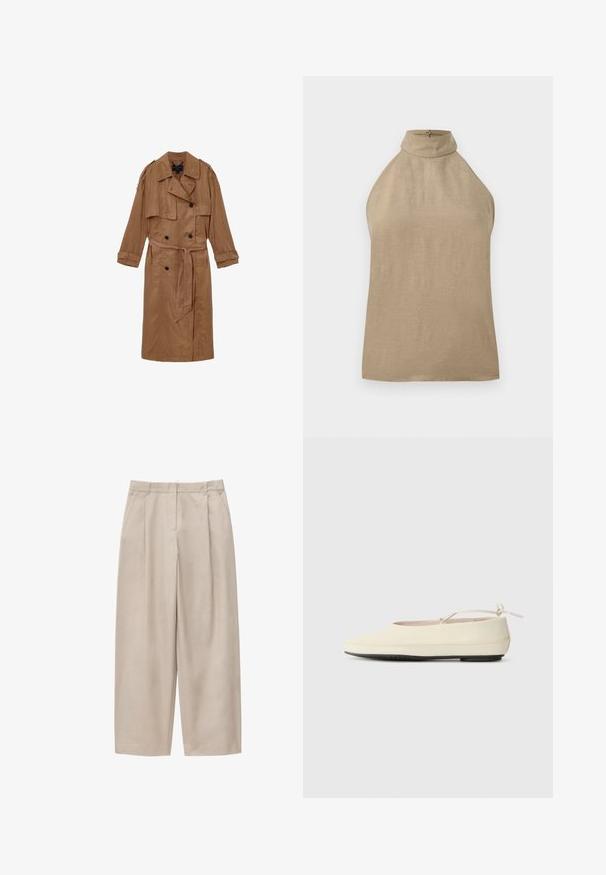 Brun, linned trench coat med dobbeltbrystet design, skulderepauleter og et matchende bælte, udstyret med to forlommer og optrullede manchetter.; Ærmeløs beige top med høj hals og knaplukning bagpå, lavet af et let stof.; Beige bukser med vide ben, forspil, sidelommer, bæltestropper og skjult lukning foran.; Cremefarvede flade sko med rund tå, ankelrem og kontrasterende sort gummisål. Glat materiale med minimal detaljer.
