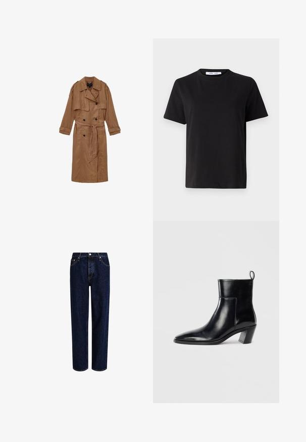 Brun, linned trench coat med dobbeltbrystet design, skulderepauleter og et matchende bælte, udstyret med to forlommer og optrullede manchetter.; Sort t-shirt med korte ærmer fremstillet af blødt bomuld, med rund halsudskæring, afslappet pasform og en glat overflade. Ingen synlige mønstre eller grafik.; Mørkeblå denim jeans med lige ben-design, der har høj talje, fem-lomme-stil og kontrastsyninger. Ingen dekorationer.; Sort læder ankelstøvle med spids tå, geometrisk stablet hæl og en løftestrop bagpå. Glat tekstur og slankt design.