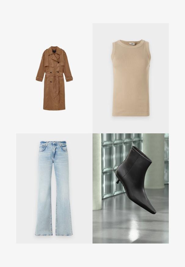 Brun, linned trench coat med dobbeltbrystet design, skulderepauleter og et matchende bælte, udstyret med to forlommer og optrullede manchetter.; Beige ærmeløs top lavet af ribbet stof med rund hals, der har tonale stikninger og en tætsiddende design.; Udsvingende lys blå denimjeans med en blød tekstur, fem lommer og knaplukning. Har en afbleget effekt for et slidt udseende.; Sort læderankelstøvle med spids tå og lille hæl vist mod en væg af glasblokke og poleret gulv baggrund.