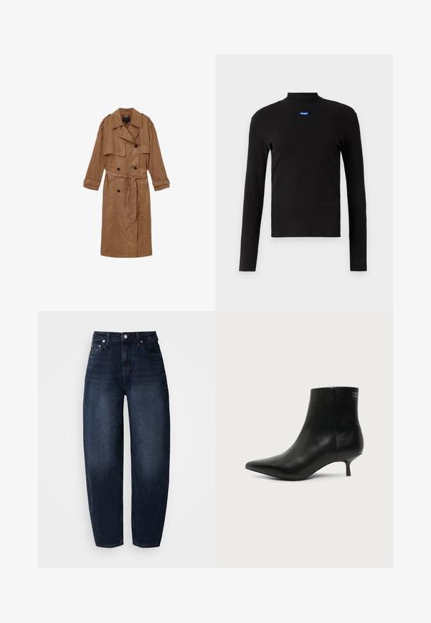 Brun, linned trench coat med dobbeltbrystet design, skulderepauleter og et matchende bælte, udstyret med to forlommer og optrullede manchetter.; HUGO EASY - Langærmet T-shirt - schwarz; Mørkeblå denimjeans med løs pasform, med høj talje, lige ben og klassisk fem-lomme design.; Sort læder ankelstøvle med spids tå og lav kitten hæl på lys baggrund, der viser yderside.