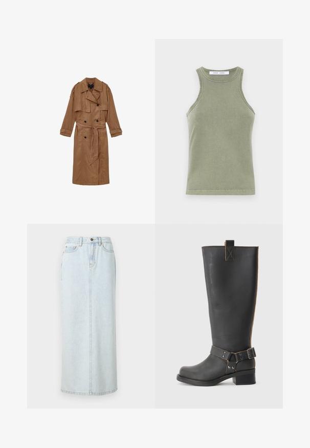 Brun, linned trench coat med dobbeltbrystet design, skulderepauleter og et matchende bælte, udstyret med to forlommer og optrullede manchetter.; Olivengrøn tanktop lavet af blødt bomuld, med rund halsudskæring, ærmeløs design og syede kanter. Enkel, tætsiddende form.; Lyseblå denim maxi-nederdel med lige design, frontknaplukning og synlige syninger. Har to frontlommer.; Sorte læderknæhøje støvler med en tekstureret overflade, der har en sidebuckle-detalje og en lav hæl. Særligt detaljeret syninger langs sømmene.