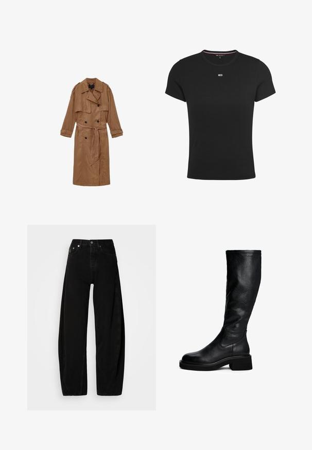 Brun, linned trench coat med dobbeltbrystet design, skulderepauleter og et matchende bælte, udstyret med to forlommer og optrullede manchetter.; Sort kortærmet T-shirt lavet af ribbet bomuld, med rund halsudskæring og et lille logo på brystet. Størrelse S.; Sorte denim brede bukser med høj talje, der har en knaplukning, fem lommer og minimale syninger.; Sorte læderknæhøje støvler med en let struktureret overflade, en rund tå, elastiske paneler på siden og en chunky blokhæl.