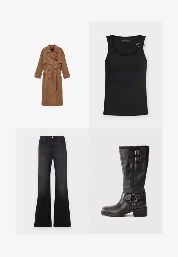 Brun, linned trench coat med dobbeltbrystet design, skulderepauleter og et matchende bælte, udstyret med to forlommer og optrullede manchetter.; Sort ribstrikket tanktop med rund halsudskæring, der har en metalaccents på skulderen og et logomærke indvendigt. Blød tekstur.; Sorte flare jeans i denimstof med høj talje, femlommers design og en let falmet effekt mod benenes kant.; Sorte læderstøvler til midt på læggen med to sølvspænder nær toppen og et dekorativt bånd med metalring omkring anklen, blokhæle.