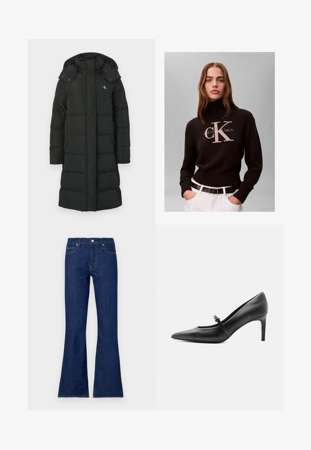 Sort puffers jacket med hætte, featuring en quiltet design, front lynlås lukning, og logo på venstre bryst. Glat, isoleret stof.; Calvin Klein Jeans MONOLOGO SWEATER - Striktrøje - black; Mørkeblå bootcut jeans med klassisk knap- og lynlåslukning, fem lommer og kontrastsyet detaljer. Fremstillet af denimstof.; Sort læderspids højhælede sko med tynd rem og spænde over vristen, stående på en neutral lys baggrund.
