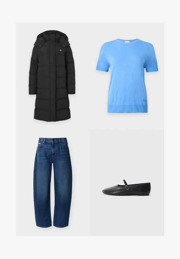 Zwarte pufferjas met een capuchon, voorzien van een gewatteerd ontwerp, rits aan de voorkant en een logo op de linkerborst. Glad, geïsoleerd materiaal.; Calvin Klein Trui - blue twilight; Donkerblauwe high-waist recht vallende jeans met voorzakken, lussen voor riem, knoopsluiting en subtiele vervaging op de dijen.; Zwarte leren balletschoenen met een spitse neus, platte zool en een kleine strap met een zilveren gespsluiting.