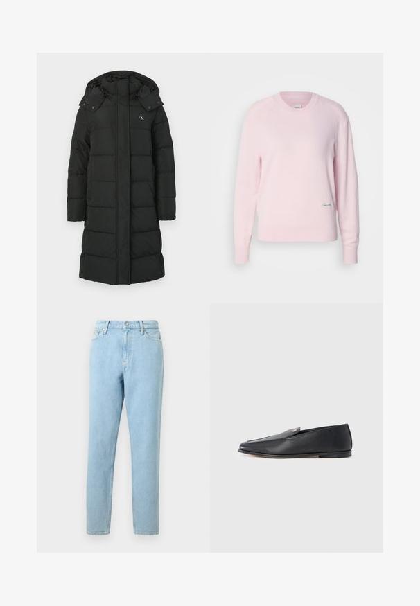 Sort puffers jacket med hætte, featuring en quiltet design, front lynlås lukning, og logo på venstre bryst. Glat, isoleret stof.; Lyserød sweater lavet af blødt strikstof. Har en rund hals og lange ærmer, med et lille grønt logo nederst til venstre.; Lyseblå denimjeans med lige ben, femlommers design og knaplukning. Har subtilt slid og en glat tekstur.; Sorte læderloafers med en glat tekstur, rundet tå og subtile syningsdetaljer. Har en guldfarvet logoaccent på oversiden.
