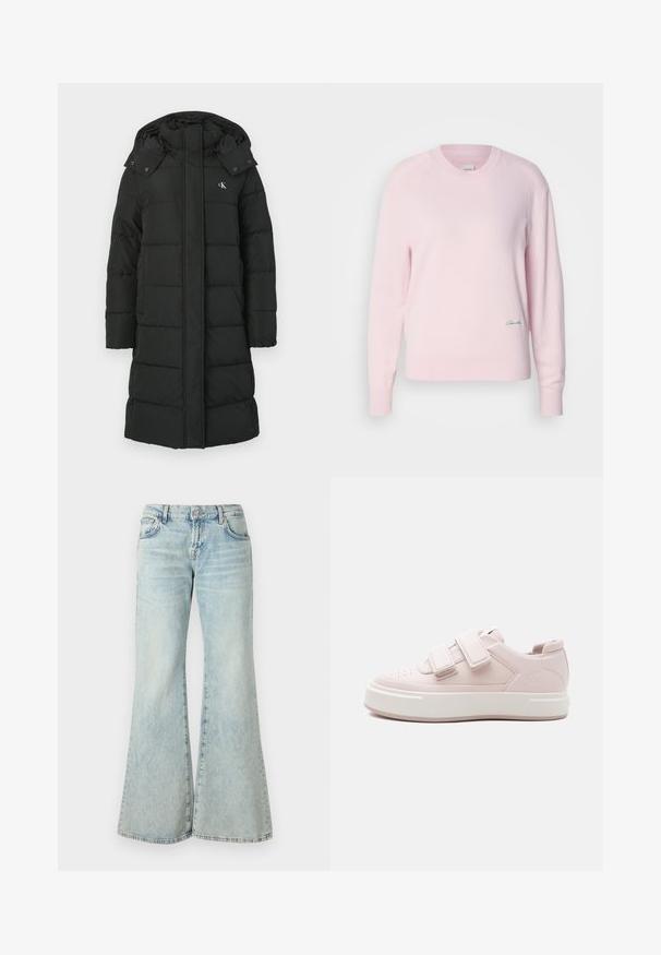Sort puffers jacket med hætte, featuring en quiltet design, front lynlås lukning, og logo på venstre bryst. Glat, isoleret stof.; Lyserød sweater lavet af blødt strikstof. Har en rund hals og lange ærmer, med et lille grønt logo nederst til venstre.; Lyseblå flared jeans lavet af denim, med høj talje, lommer og frynset kant. Stoffet har et slidt look og en subtil struktur.; Lavtop lyserød sneaker med to brede velcrobånd, tyk hvid sål, perforeret tå og diskret "ck"-logo på siden.